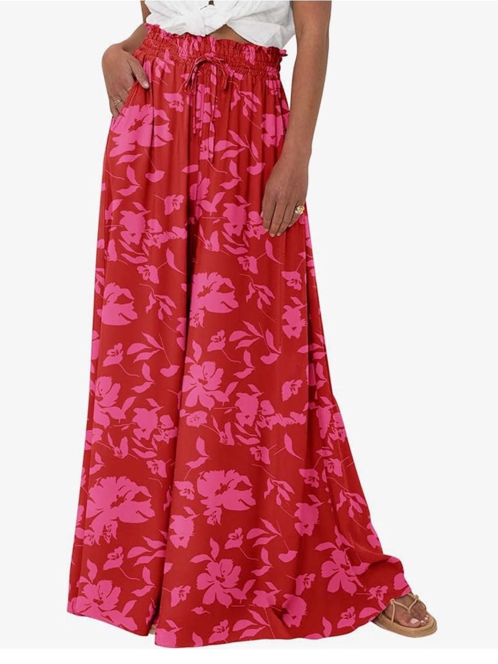 Pretty Garden Pink Tropical Wide Leg Palazzo Pants Beach Pull On Women M NEW - Picture 2 of 7